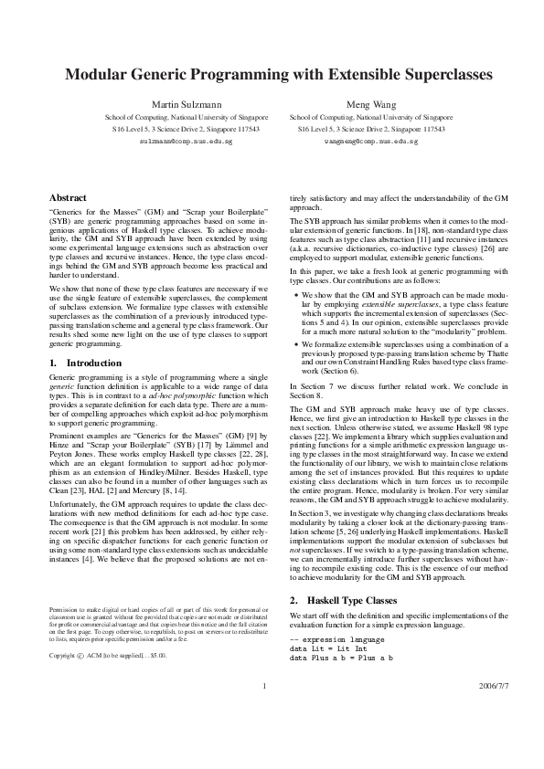 (PDF) Modular generic programming with extensible superclasses