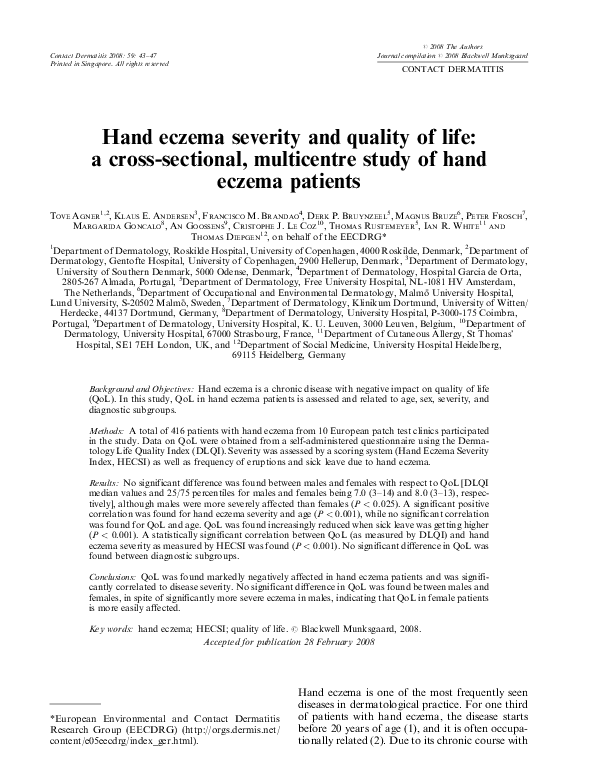 (PDF) Hand eczema severity and quality of life a crosssectional
