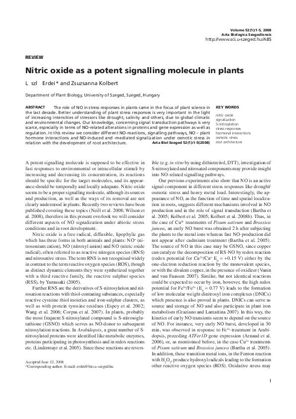 (PDF) Nitric oxide as a potent signalling molecule in plants
