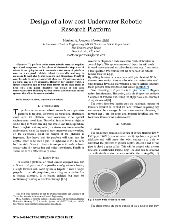 (PDF) Design of a low cost underwater robotic research platform