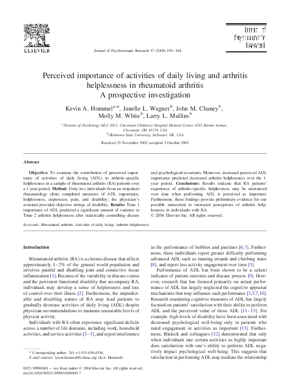 (PDF) Perceived importance of activities of daily living and arthritis