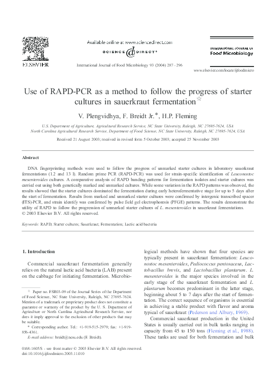 (PDF) Use of RAPDPCR as a method to follow the progress of starter cultures in sauerkraut