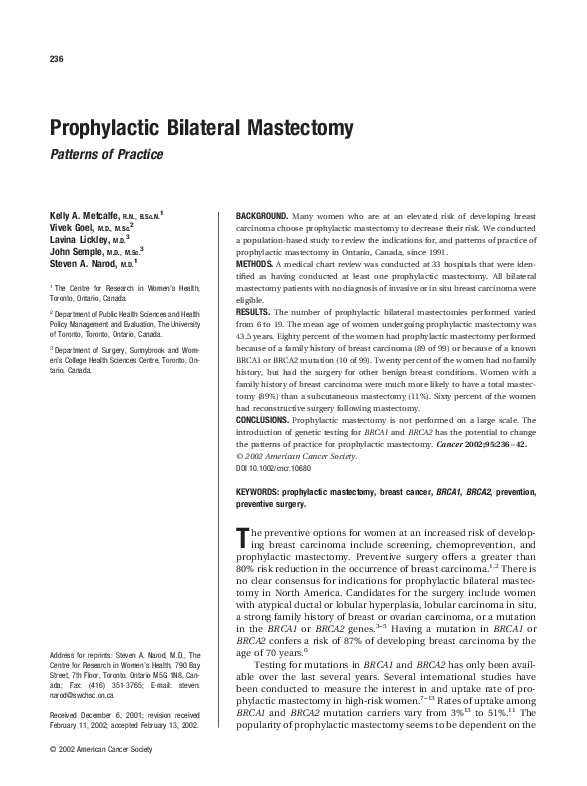 (PDF) Prophylactic bilateral mastectomy Lavina Lickley Academia.edu
