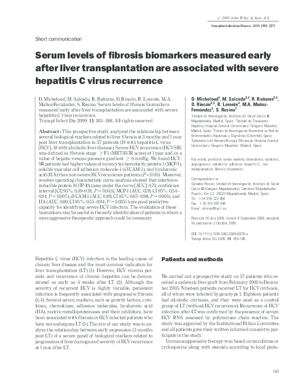 (PDF) Serum levels of fibrosis biomarkers measured early after liver ...