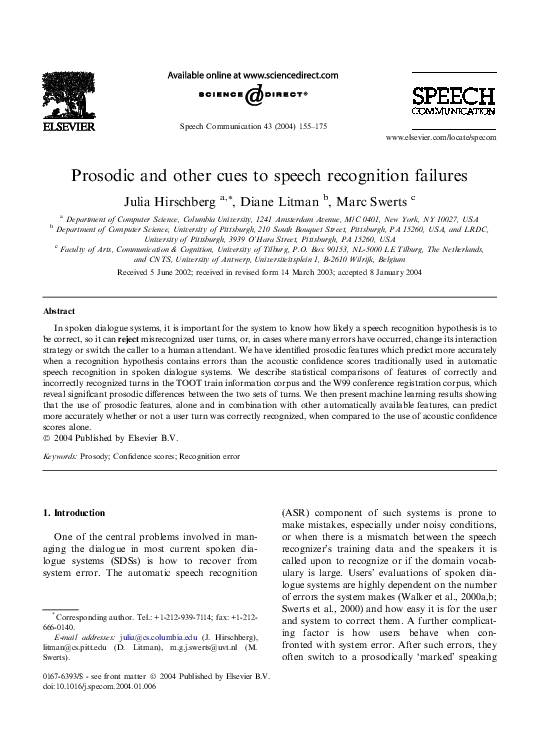 (PDF) Prosodic and other cues to speech recognition failures