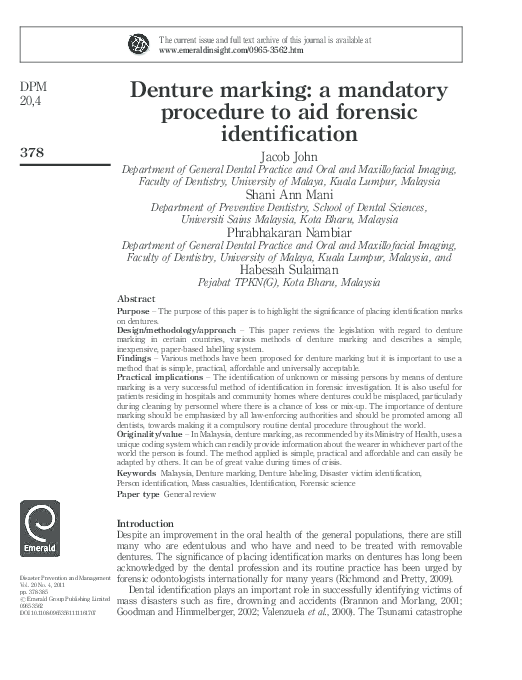 (PDF) Denture marking: a mandatory procedure to aid forensic identification