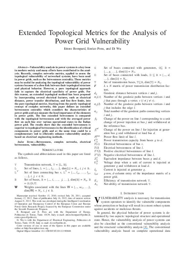 (PDF) Extended Topological Metrics for the Analysis of Power Grid ...