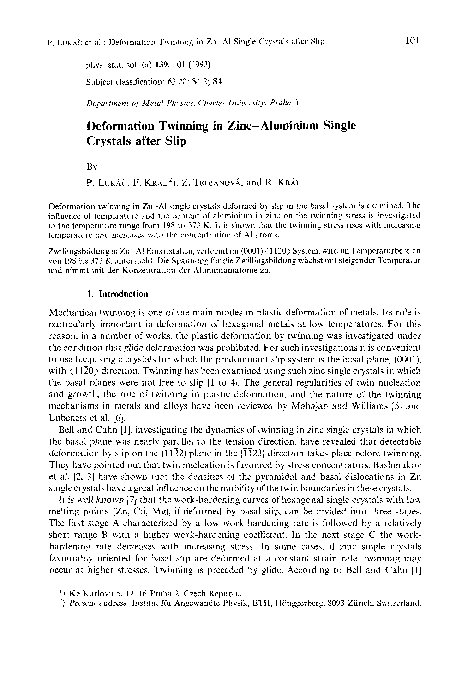 (PDF) Deformation twinning in Zinc-Aluminium single crystals after slip