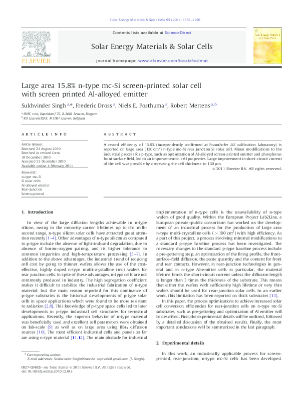 (PDF) Large area 15.8% n-type mc-Si screen-printed solar cell with ...
