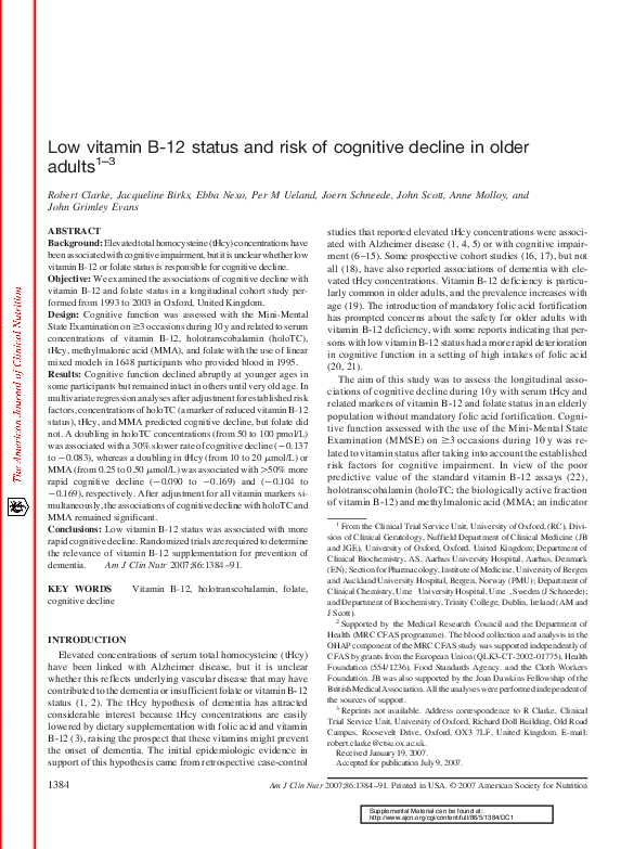 (PDF) Low vitamin B-12 status and risk of cognitive decline in older adults