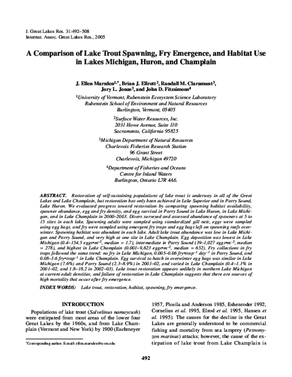 (PDF) A Comparison of Lake Trout Spawning, Fry Emergence, and Habitat