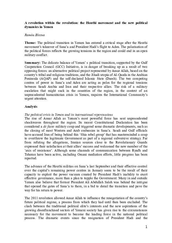 A revolution within the revolution. The Houthi movement and the new political dynimics in Yemen