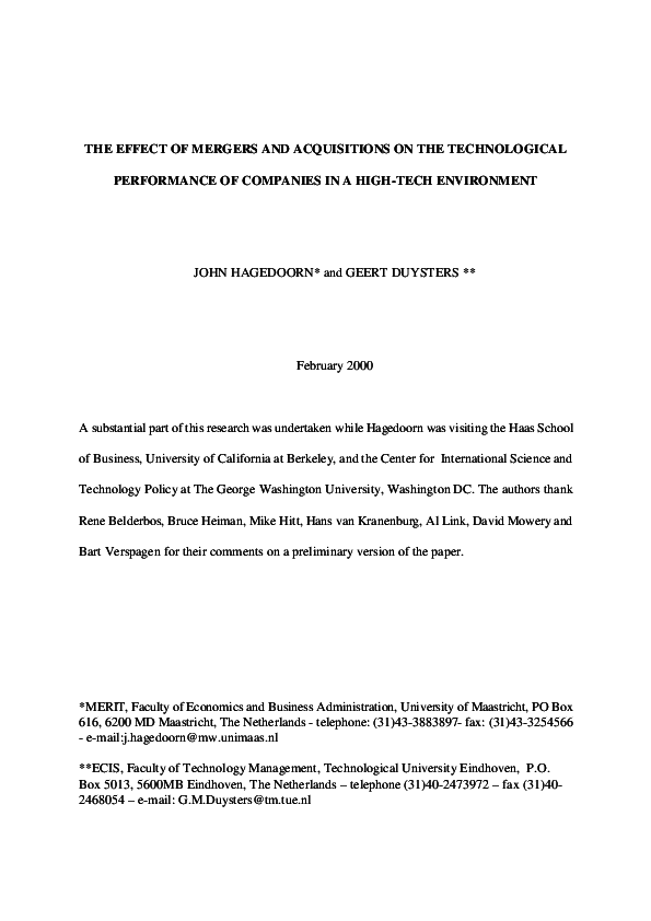 (PDF) The Effect of Mergers and Acquisitions on the Technological ...