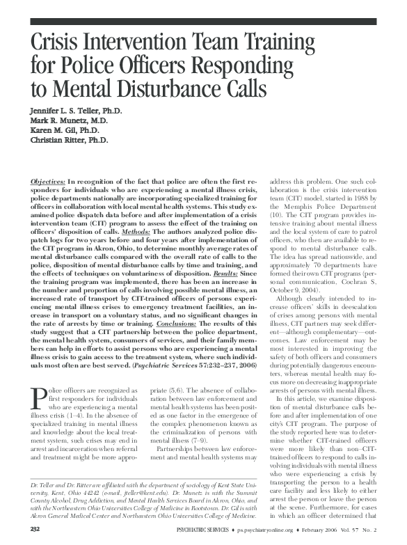 (PDF) Crisis Intervention Team Training for Police Officers Responding ...