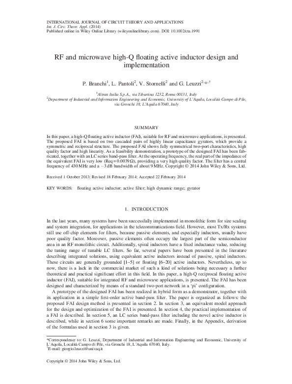 (PDF) RF and microwave high-Q floating active inductor design and ...