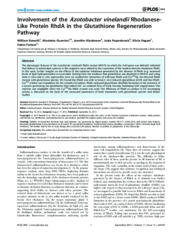 (PDF) Involvement of the Azotobacter vinelandii Rhodanese-Like Protein ...