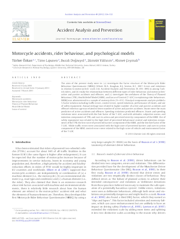 (PDF) Motorcycle accidents, rider behaviour, and psychological models