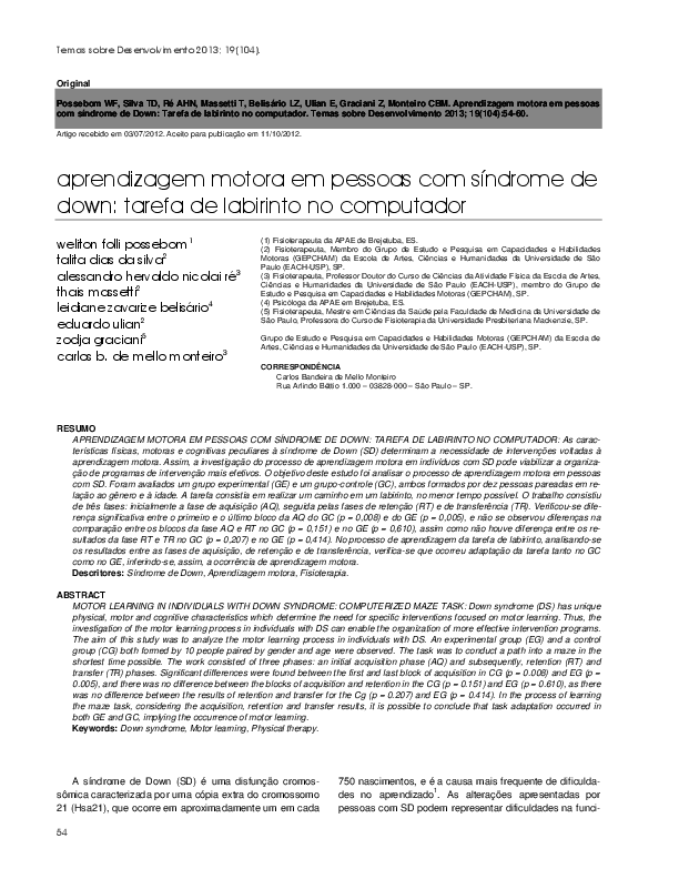 (PDF) Motor learning in individuals with down syndrome: computerized ...