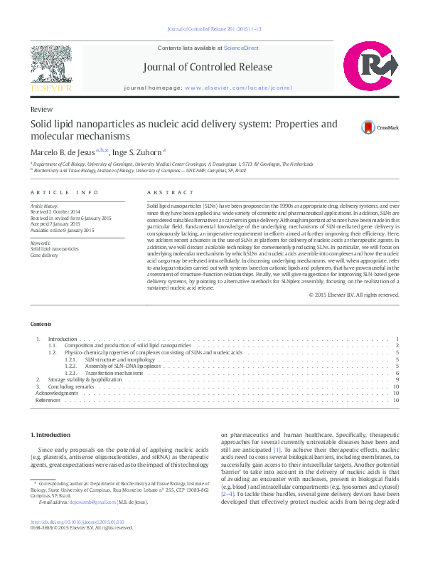 (PDF) Solid lipid nanoparticles as nucleic acid delivery system ...
