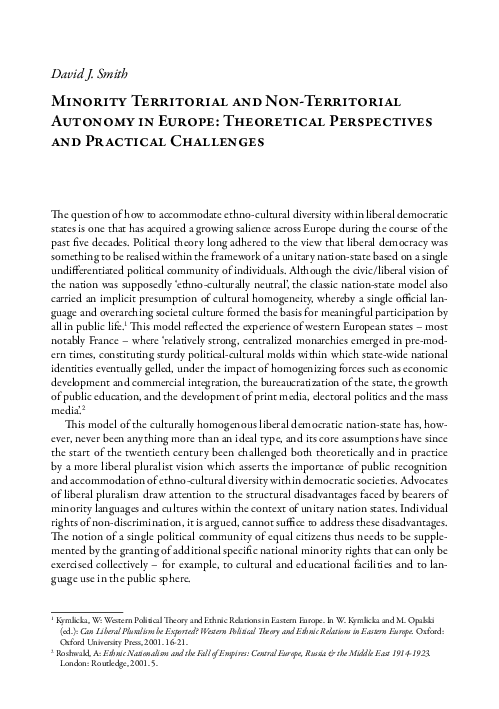First page of “Minority Territorial and Non-Territorial Autonomy in Europe: Theoretical Perspectives and Practical Challenges”