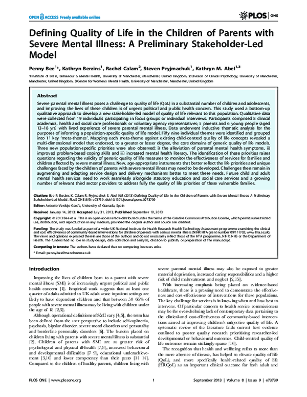 (PDF) Defining Quality of Life in the Children of Parents with Severe ...
