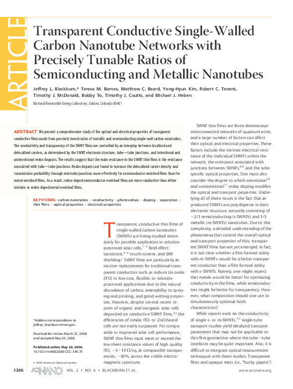 (PDF) Transparent Conductive Single-Walled Carbon Nanotube Networks ...
