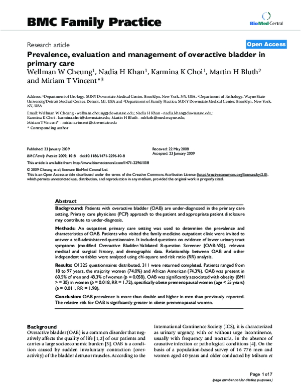 (PDF) Prevalence, evaluation and management of overactive bladder in ...