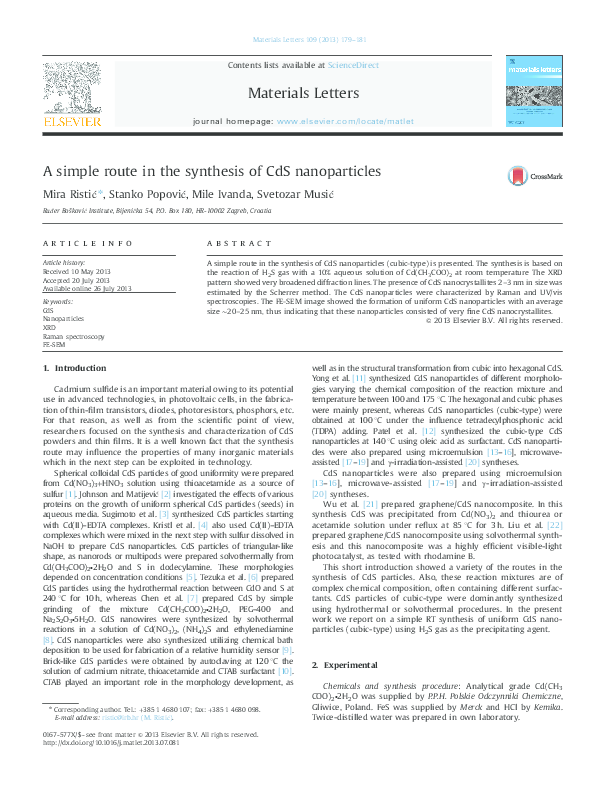 (PDF) A simple route in the synthesis of CdS nanoparticles