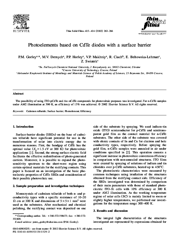 (PDF) Photoelements based on CdTe diodes with a surface barrier