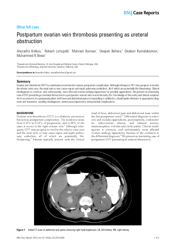 (PDF) Postpartum ovarian vein thrombosis presenting as ureteral obstruction