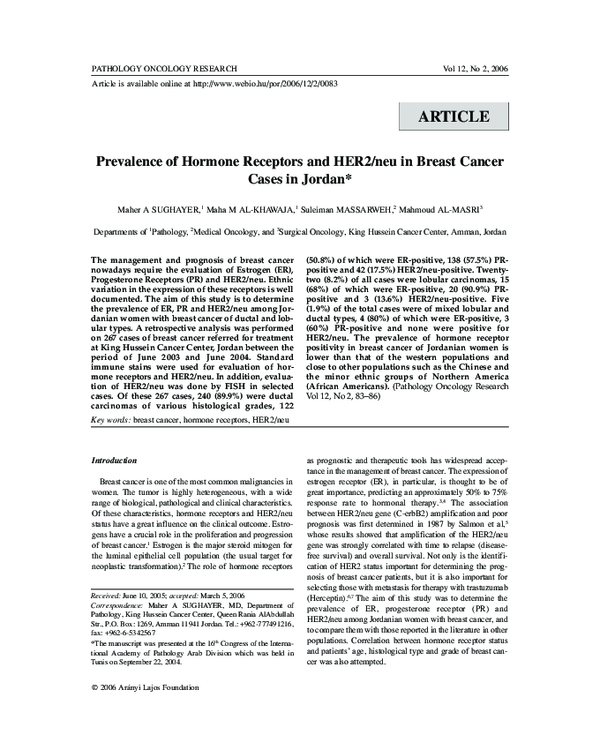 (PDF) Prevalence of hormone receptors and HER2/neu in breast cancer ...