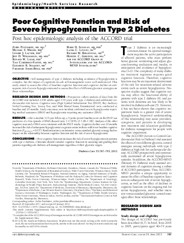 (PDF) Poor Cognitive Function and Risk of Severe Hypoglycemia in Type 2 ...