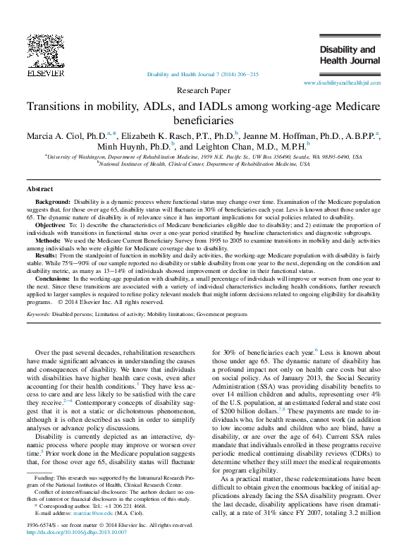 (PDF) Transitions in mobility, ADLs, and IADLs among workingage Medicare beneficiaries