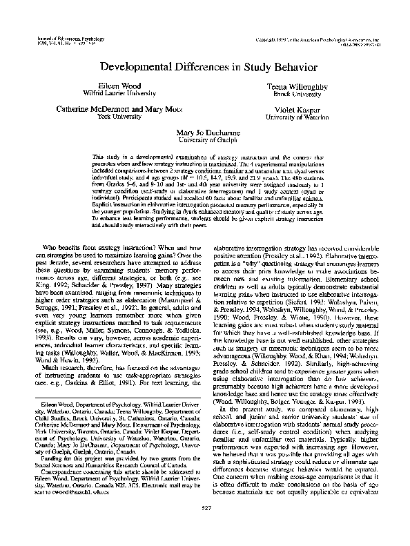 (PDF) Developmental differences in study behavior