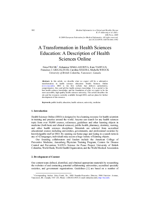 (PDF) A Transformation in Health Sciences education: A description of ...