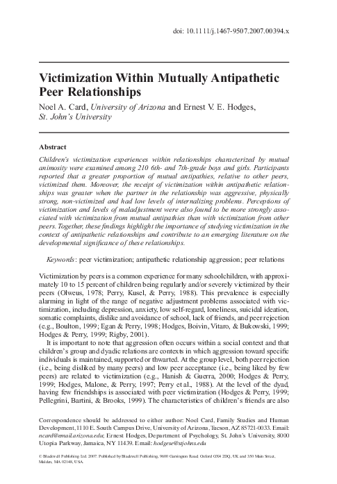 (PDF) Victimization Within Mutually Antipathetic Peer Relationships