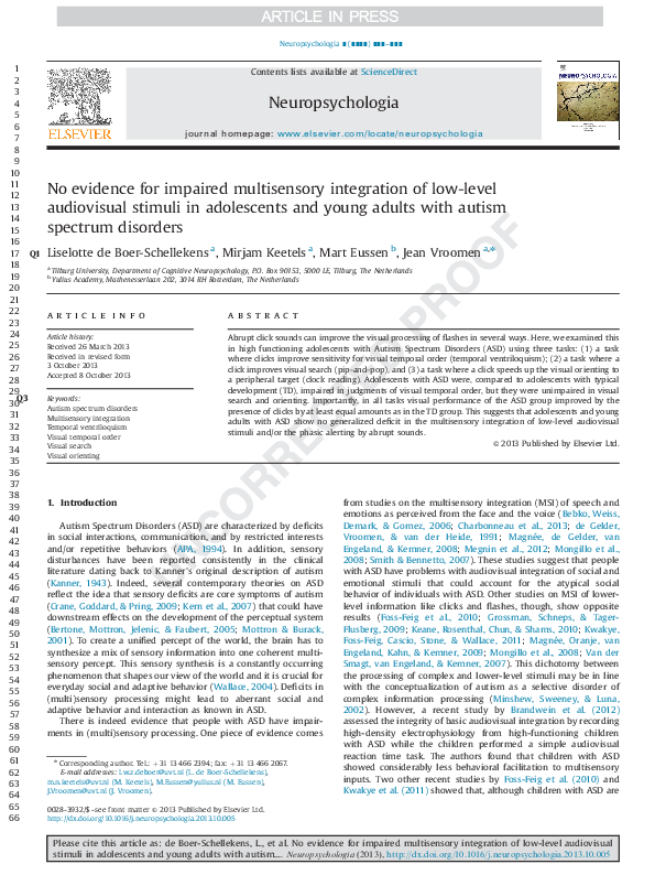 (PDF) No evidence for impaired multisensory integration of low-level ...