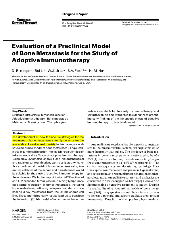 (PDF) Evaluation of a Preclinical Model of Bone Metastasis for the ...