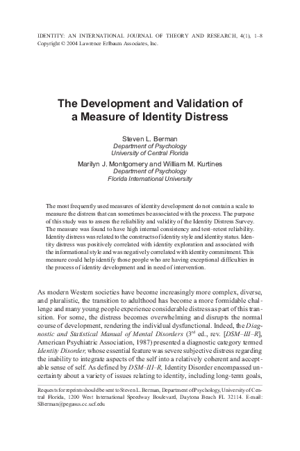 (PDF) The Development and Validation of a Measure of Identity Distress
