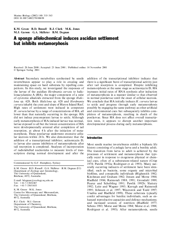 (PDF) Sponge allelochemical induces ascidian development but inhibits ...