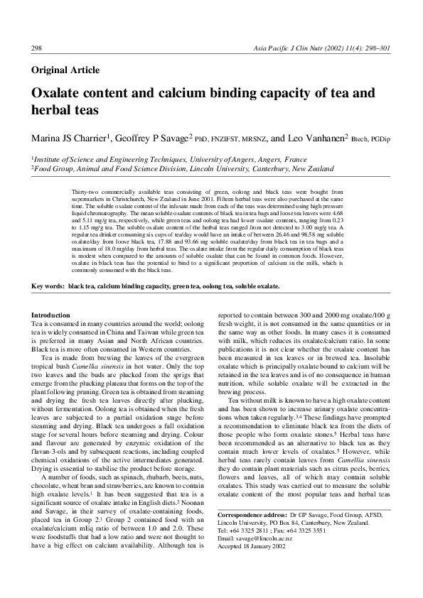 (PDF) Oxalate content and calcium binding capacity of tea and herbal teas Geoffrey Savage and