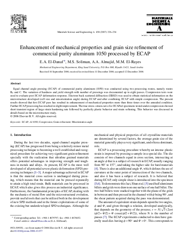 (PDF) Enhancement of mechanical properties and grain size refinement of ...