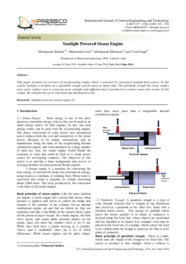 (PDF) sunlight powered steam engine