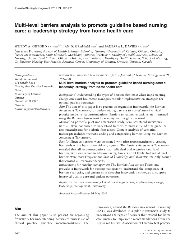 (PDF) Multi-level barriers analysis to promote guideline based nursing ...