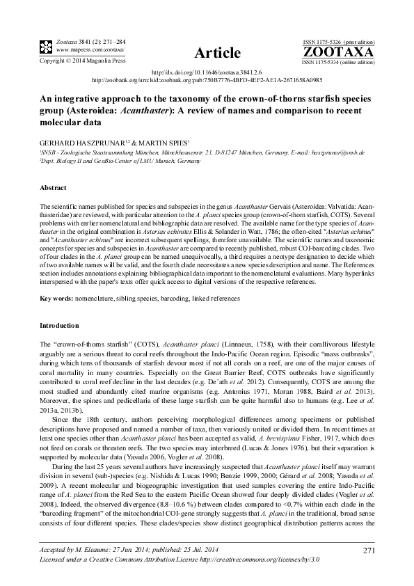 (PDF) An integrative approach to the taxonomy of the crown-of-thorns