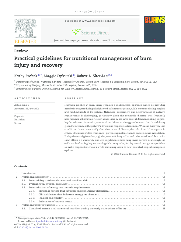 (PDF) Practical guidelines for nutritional management of burn injury and recovery Mette Berger