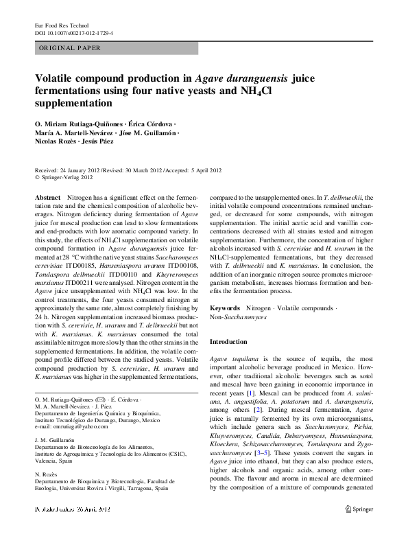 (PDF) Volatile compound production in Agave duranguensis juice ...