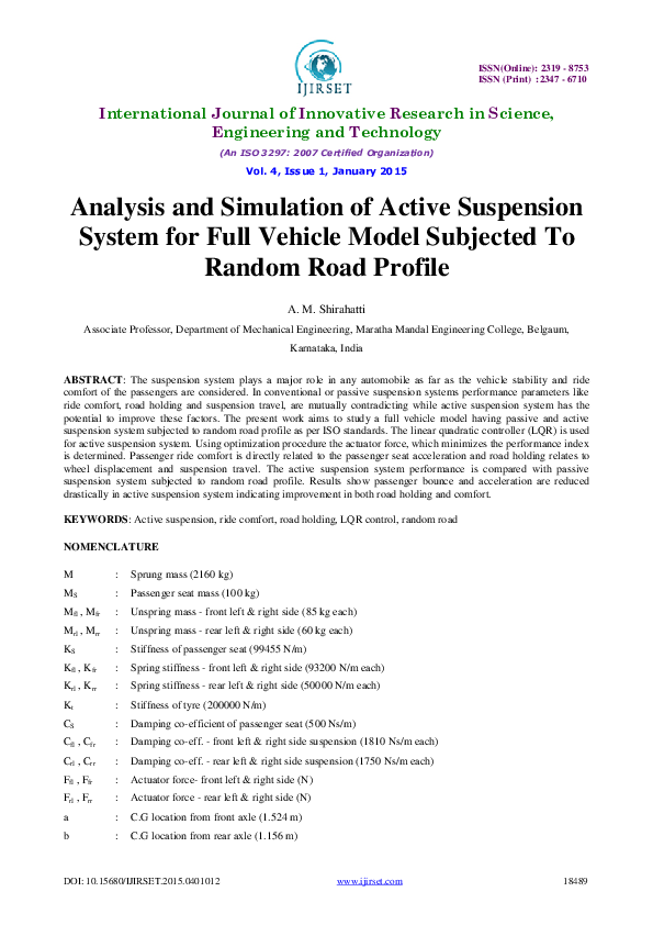 Analysis and Simulation of Active Suspension System for Full Vehicle ...