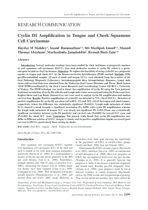 (PDF) Cyclin D1 amplification in tongue and cheek squamous cell carcinoma