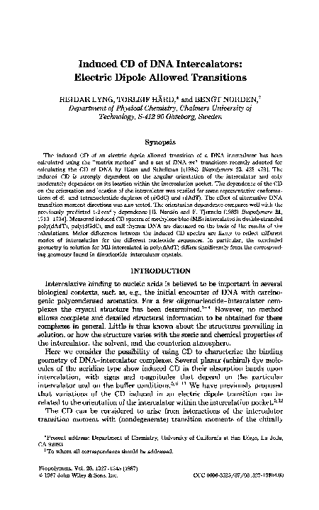 (PDF) Induced CD of DNA intercalators: Electric dipole allowed transitions
